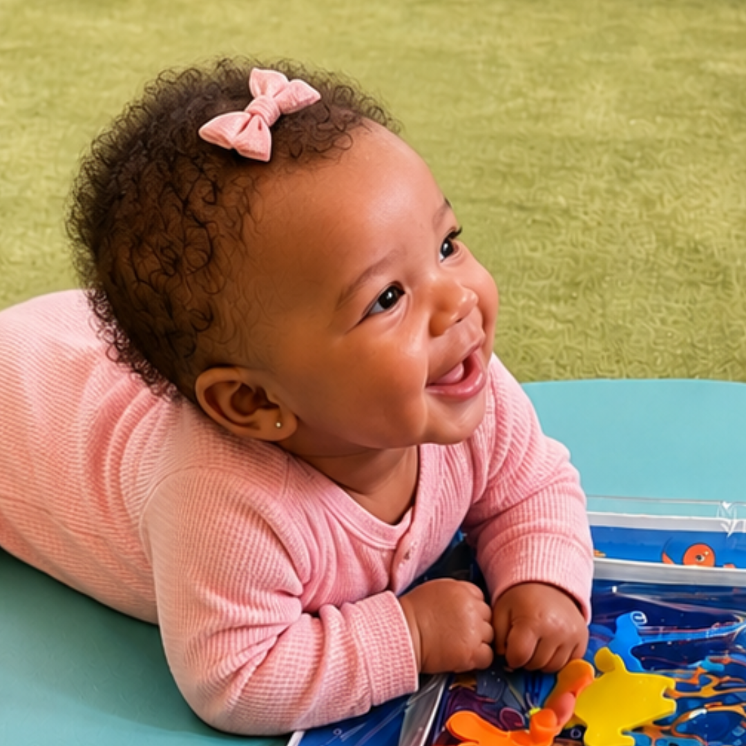 Smiling infant girl in pink with a bow enjoying tummy time on a play mat
